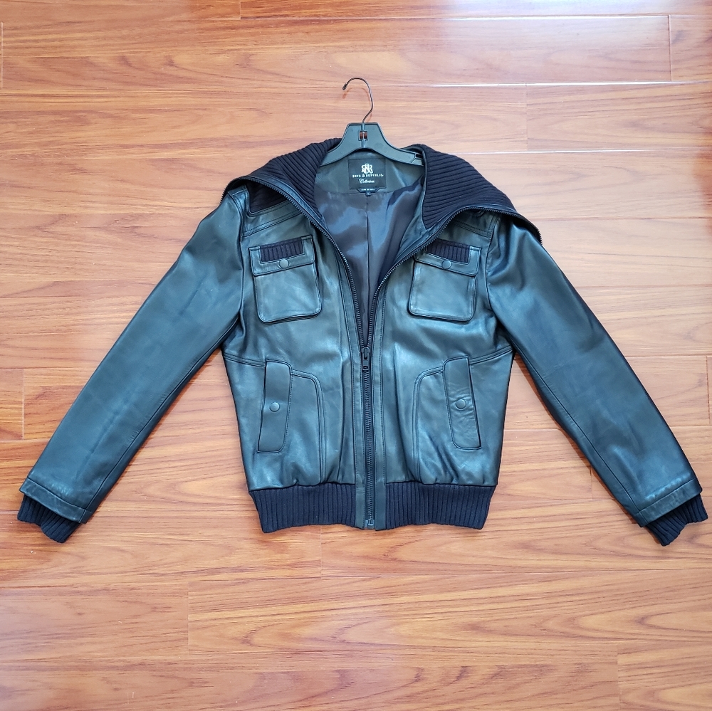 ROCK & REPUBLIC BLACK LAMB LEATHER UTILITY BOMBER JACKET. SIZE LARGE